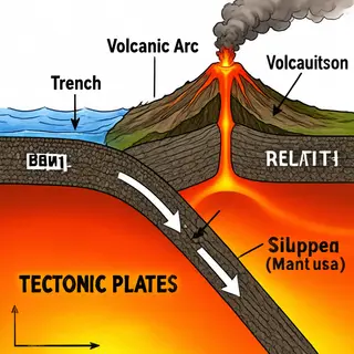 A cross-section showing tectonic plates at a convergent boun