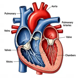 An anatomical illustration of the human heart showing four c