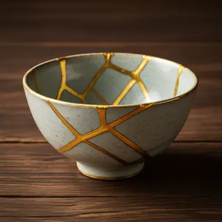 A Japanese kintsugi bowl — cracked ceramic repaired with vis