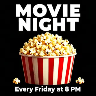 A movie night poster with a large popcorn image in the cente
