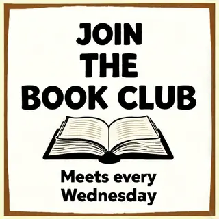 A book club poster with an open book illustration, the title