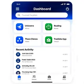 A mobile app UI mockup showing a dashboard with a top naviga