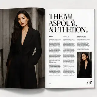 A fashion magazine spread with a full-bleed left-page photo,