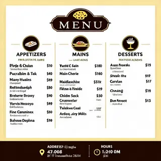 A restaurant menu layout with a logo header, three category 