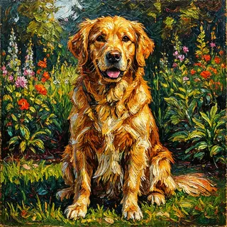 A golden retriever sitting in a garden, painted in the style