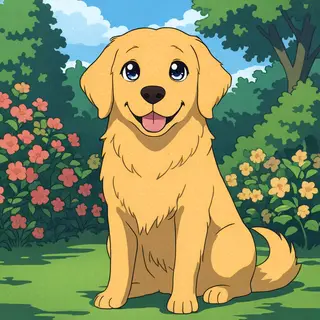 A golden retriever sitting in a garden, rendered in Japanese