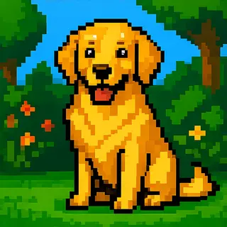 A golden retriever sitting in a garden, rendered in pixel ar