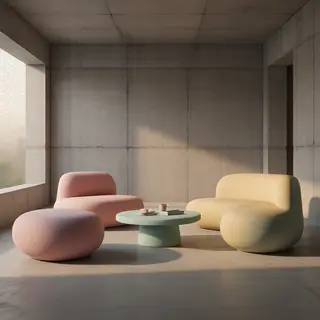 An interior scene rendered in soft brutalism — raw concrete 