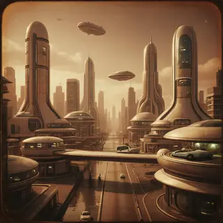 A cityscape rendered in nostalgic futurism — retro-futuristi