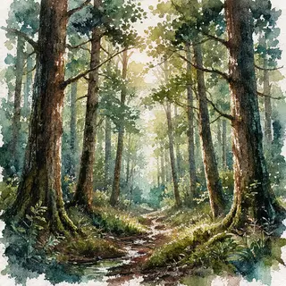 A forest rendered in photorealistic watercolor — the detail 