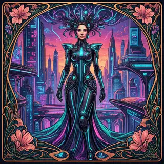 A woman in a futuristic city rendered in cyberpunk Art Nouve