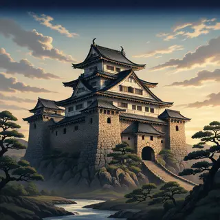 A medieval castle depicted in Japanese ukiyo-e woodblock pri