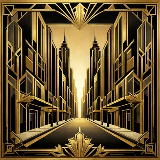 A city street scene in the style of Art Deco — geometric sha