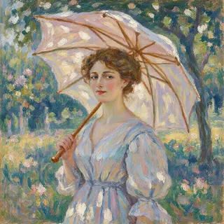 A woman with a parasol in the style of Impressionism — soft 