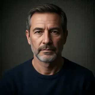 A portrait of a middle-aged man with a calm, serious express