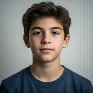 A headshot of a teenager with a relaxed, neutral face