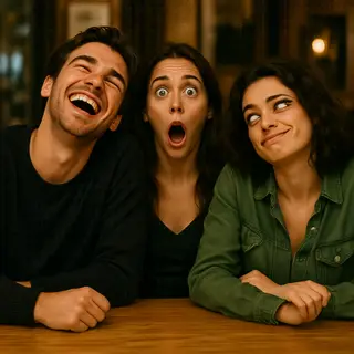 A group of three friends at a table: one laughing with head 