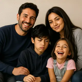 A family photo with four people: a father beaming with pride