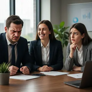 Three coworkers in a meeting: one looking frustrated with fu