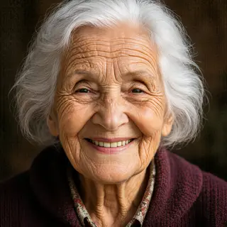 An elderly woman in her 80s with deep wrinkles and white hai