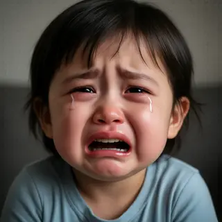 A 5-year-old child with round cheeks and large eyes, crying 