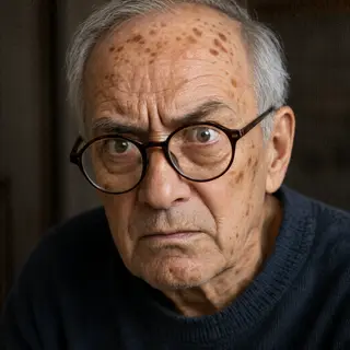 An elderly man in his 70s with age spots and thinning gray h