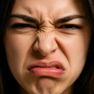 A close-up of a person's face showing clear disgust, nose wr