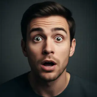 A portrait capturing genuine surprise — raised eyebrows, wid