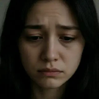 A face showing quiet melancholy — downcast eyes, slightly dr