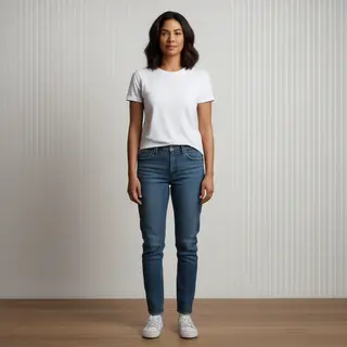 A woman standing upright in a relaxed pose, arms at her side