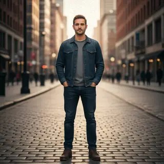 A man standing straight facing the camera, hands in pockets,