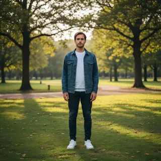 A person standing in a neutral pose in a park, full body vis