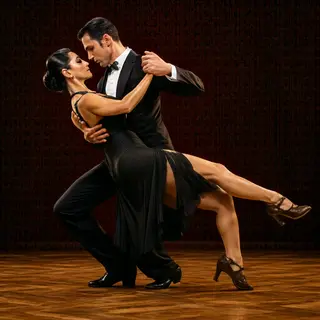 Two tango dancers in a close embrace, the man dipping the wo