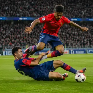 Two soccer players mid-tackle, one sliding and the other jum