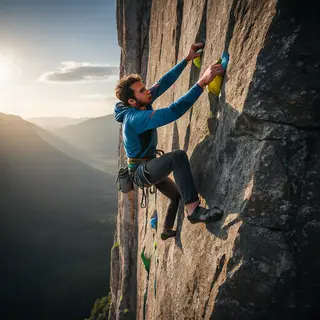 A rock climber clinging to a cliff face with arms and legs e