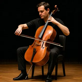 A cellist seated with correct posture, legs around the instr
