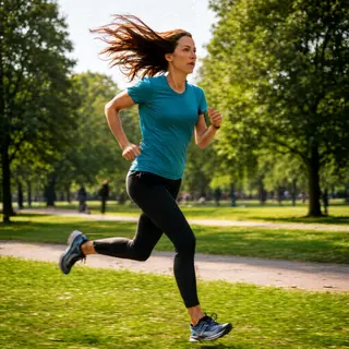 A woman mid-stride running through a park, hair and clothes 