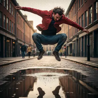 A man captured mid-jump over a puddle, body in the air with 