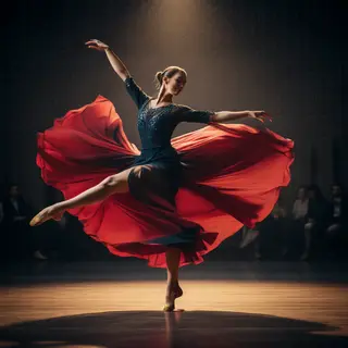 A dancer in a dynamic spin, dress flowing outward with one l