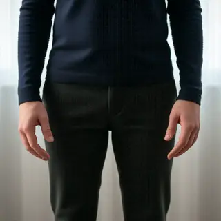 A person standing with both hands visible at their sides, fi