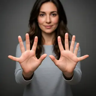 A woman holding her hands out in front of her palms-up, all 