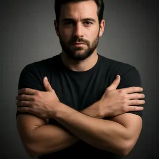 A man with arms crossed, both hands resting on opposite uppe