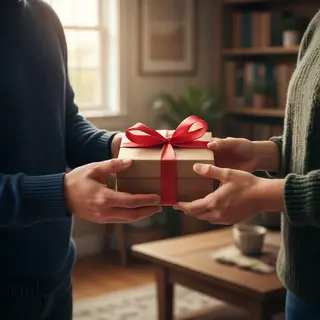 One person handing a small gift box to another person, both 