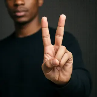 A person making a peace sign with their right hand, clearly 