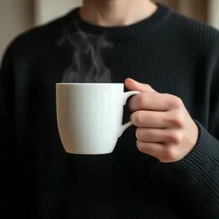 A person holding a white ceramic coffee mug by the handle wi