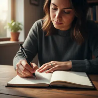 A woman writing in a notebook with a pen gripped correctly i