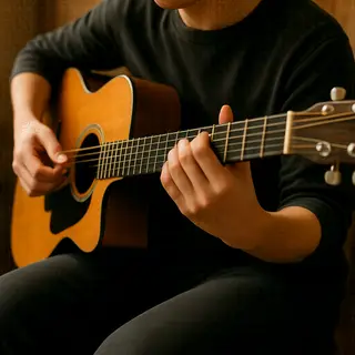 A person playing an acoustic guitar with left hand on the fr
