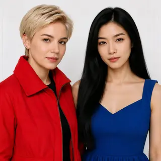 Two women standing side by side: one with short blonde hair 