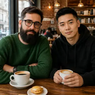 Two men at a cafe: one with a beard and glasses wearing a gr