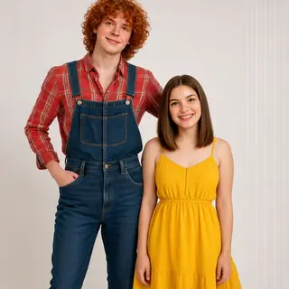 Two friends posing: one tall with curly red hair in denim ov